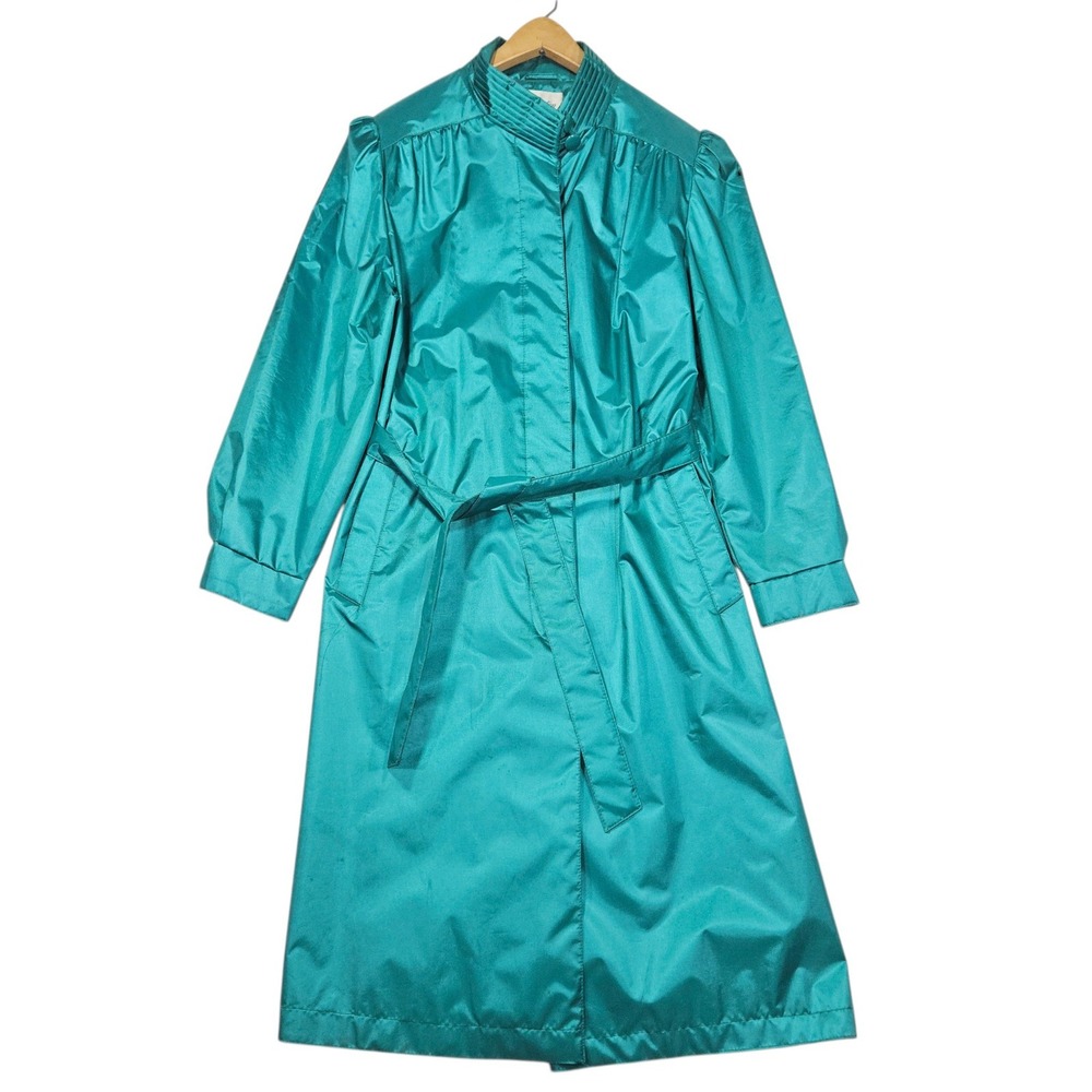 VTG Distinction 80s Belted Trench Raincoat Teal Green Sz 8